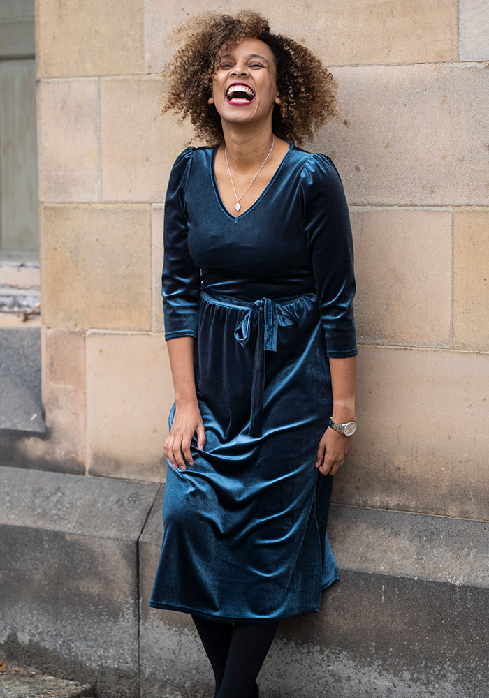 Celaena Steel Blue Velvet Midi Dress
