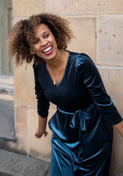 Celaena Steel Blue Velvet Midi Dress