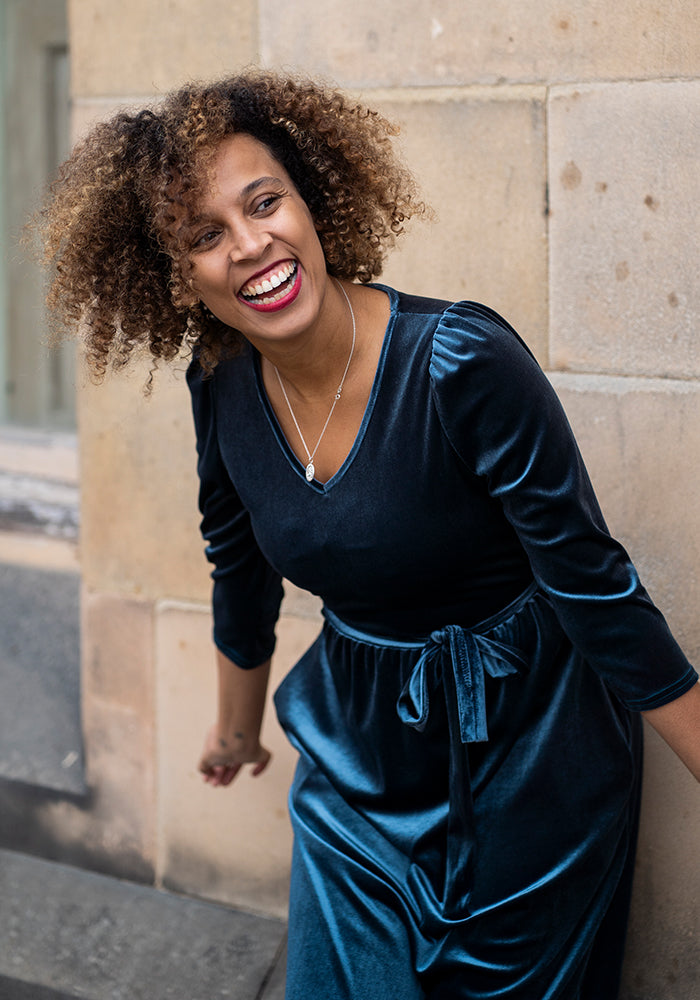 Celaena Steel Blue Velvet Midi Dress