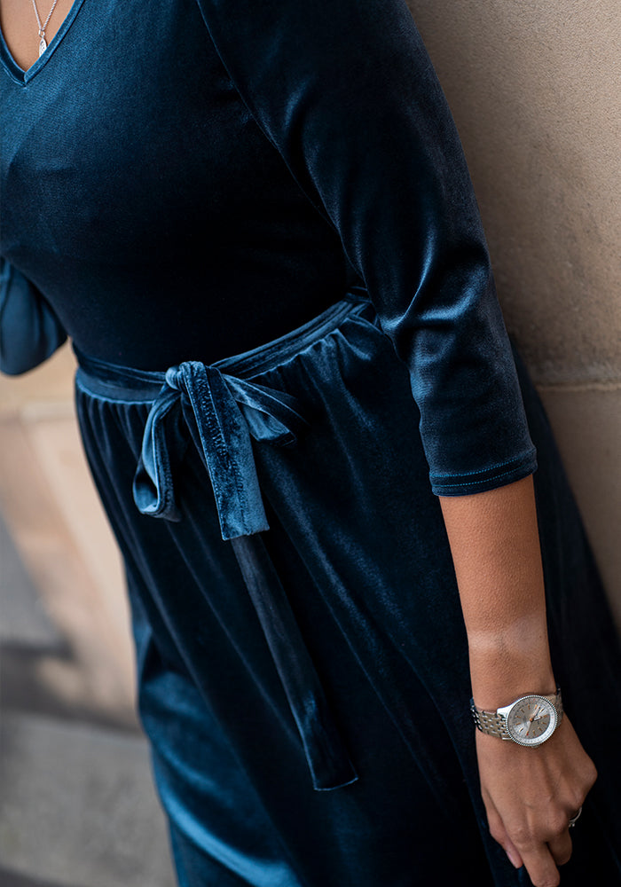 Eighth angle of Celaena Steel Blue Velvet Midi Dress