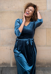 Celaena Steel Blue Velvet Midi Dress