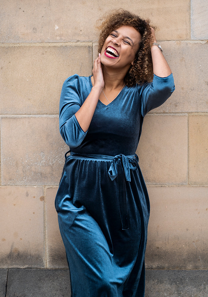 Celaena Steel Blue Velvet Midi Dress