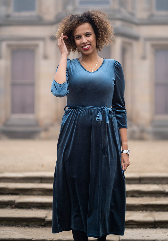 Fourth angle of Celaena Steel Blue Velvet Midi Dress