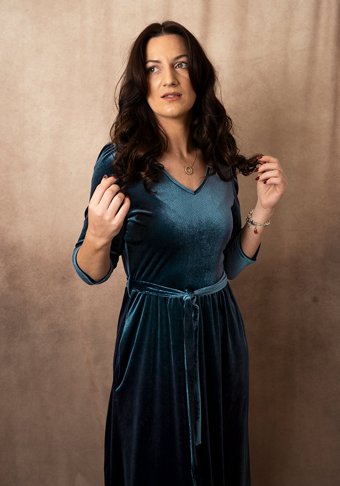 Celaena Steel Blue Velvet Midi Dress