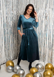 Celaena Steel Blue Velvet Midi Dress