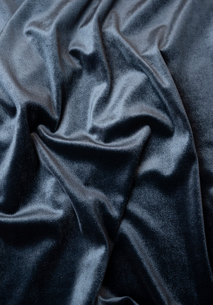 Second angle of Celaena Steel Blue Velvet Midi Dress