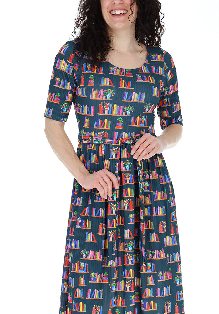 Fifth angle of Celie Book Shelf Print Jersey Rib Midi Dress