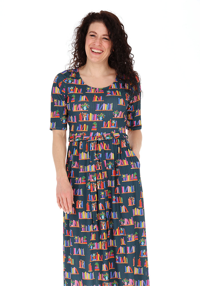 Third angle of Celie Book Shelf Print Jersey Rib Midi Dress