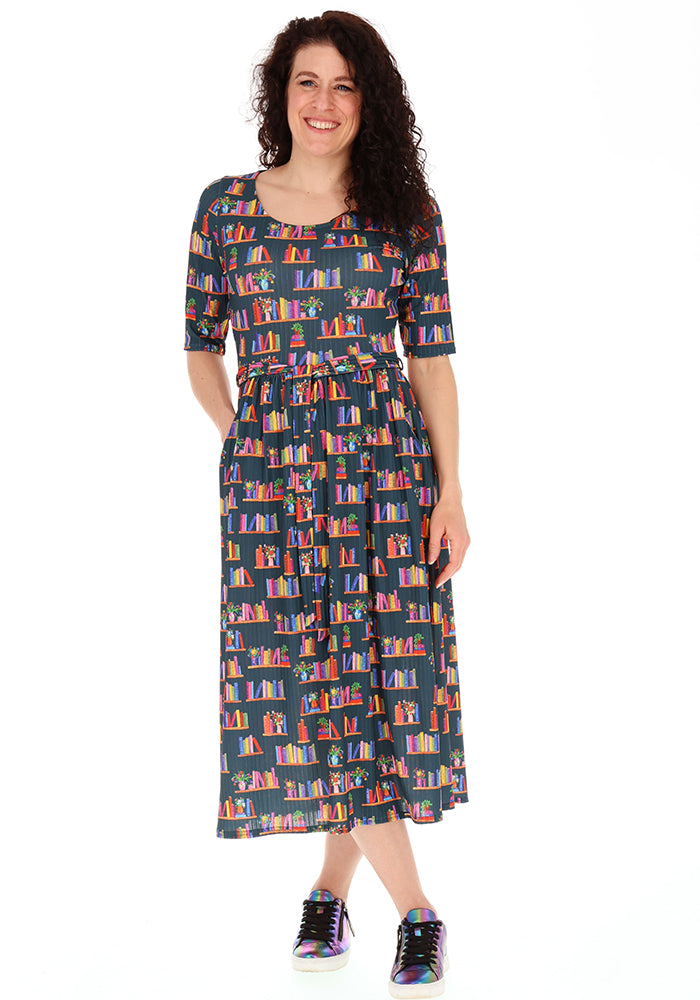 Front view of Celie Book Shelf Print Jersey Rib Midi Dress