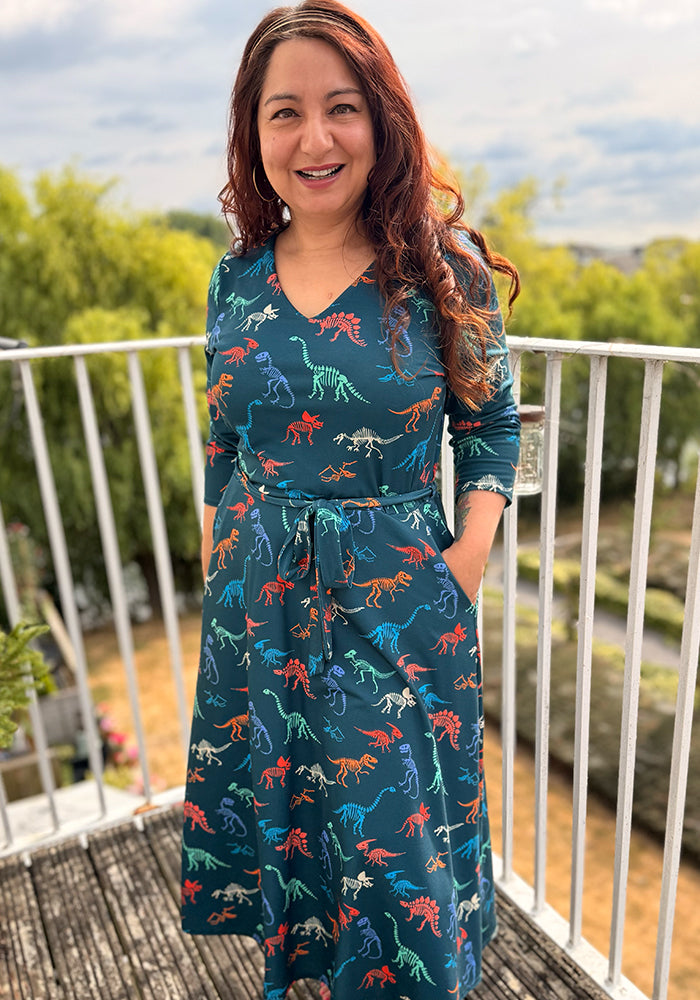 Ceres Skeleton Dinosaur Print Midi Dress