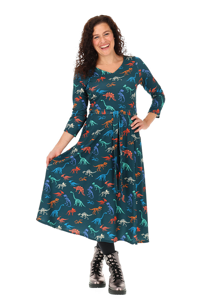 Ceres Skeleton Dinosaur Print Midi Dress