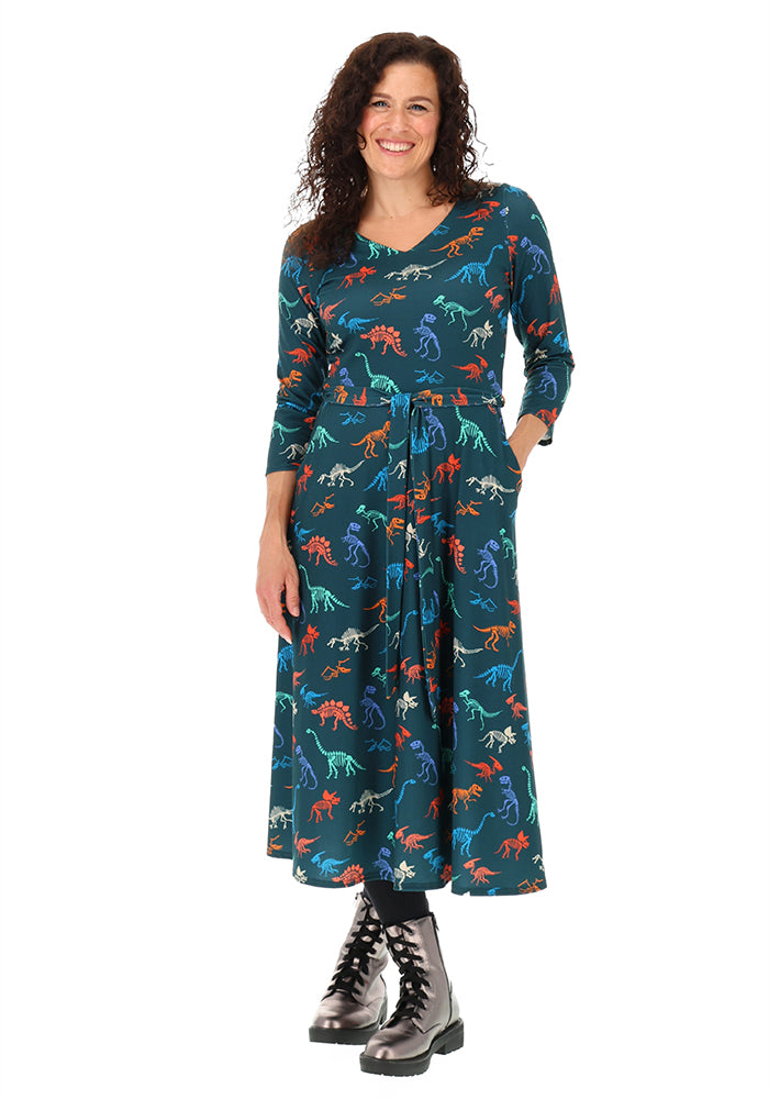 Ceres Skeleton Dinosaur Print Midi Dress