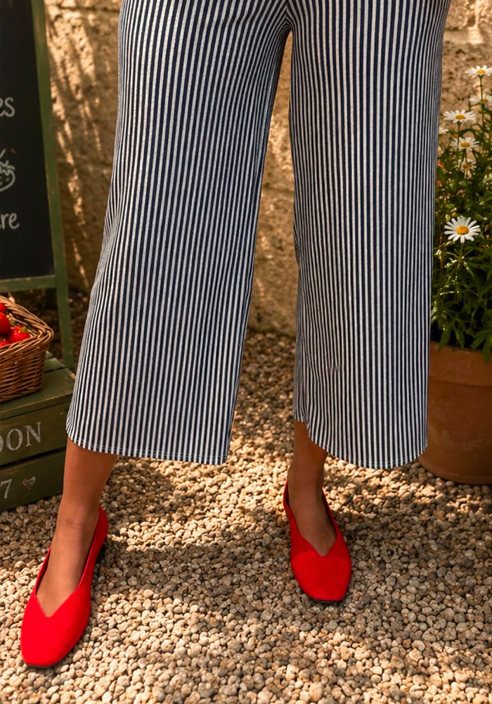 Front view of Ceri Navy and Ecru Stripe Culotte Trousers