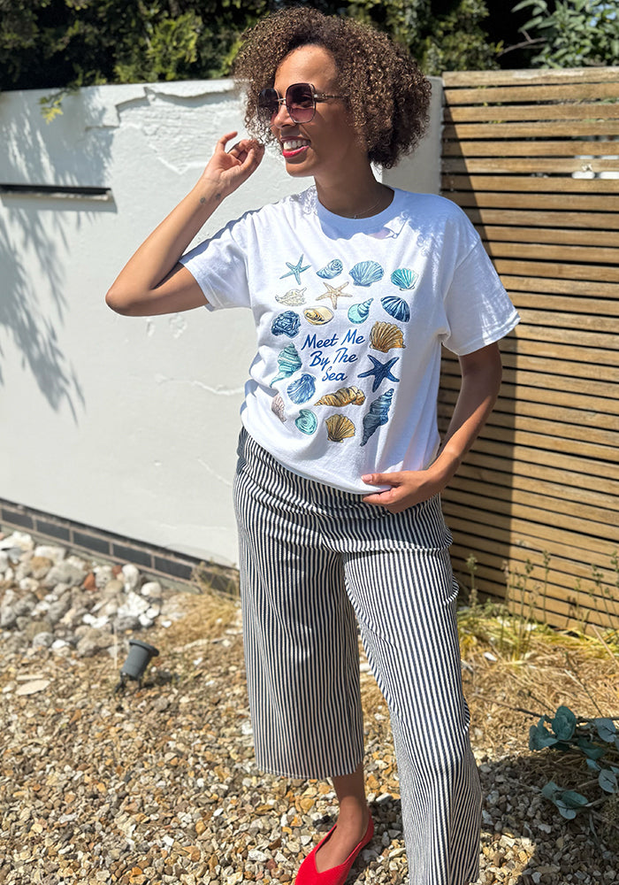 Fourth angle of Ceri Navy and Ecru Stripe Culotte Trousers