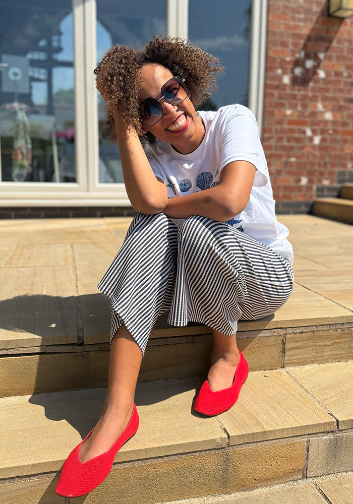 Third angle of Ceri Navy and Ecru Stripe Culotte Trousers