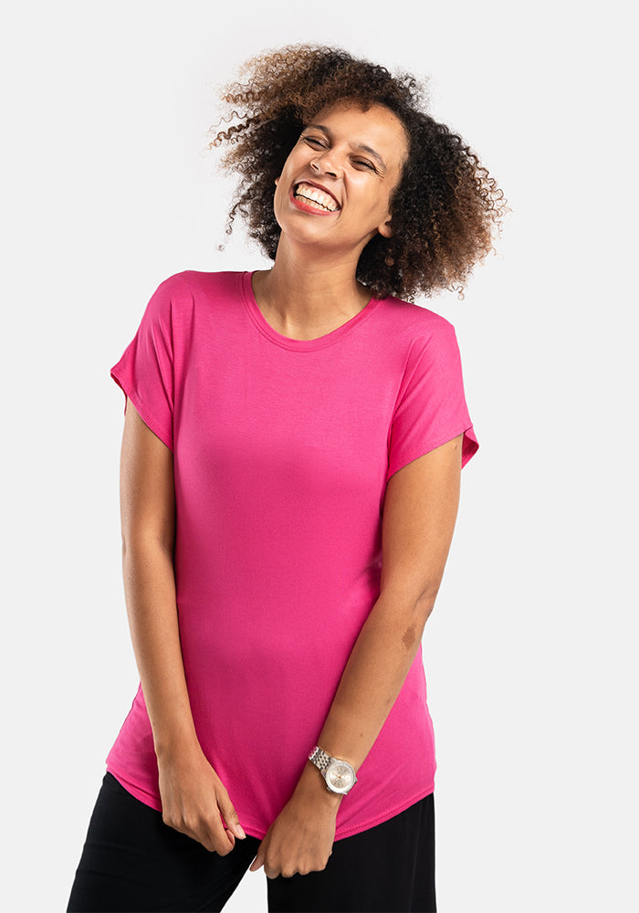 Front view of Cerise Extended Shoulder Round Neck Top