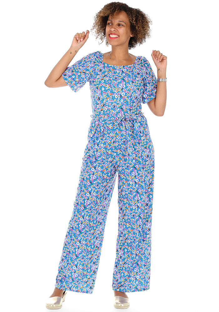 Front view of Charity Ditsy Floral Print Jersey Full Length Jumpsuit