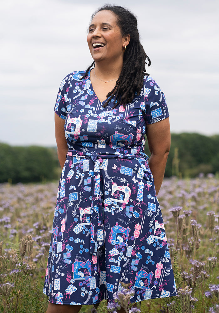 Front view of Charleigh Sewing Bee Print Dress