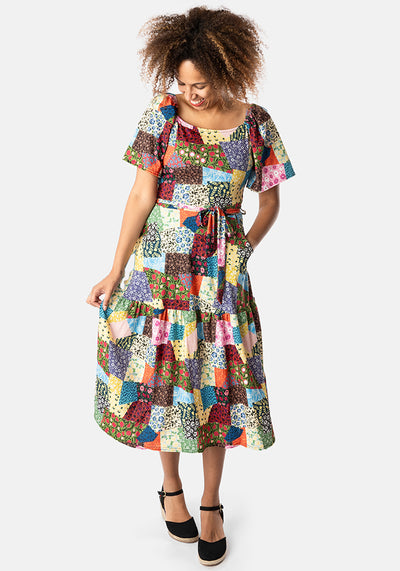 Charlotte Patchwork Print Tiered Hem Midi Dress