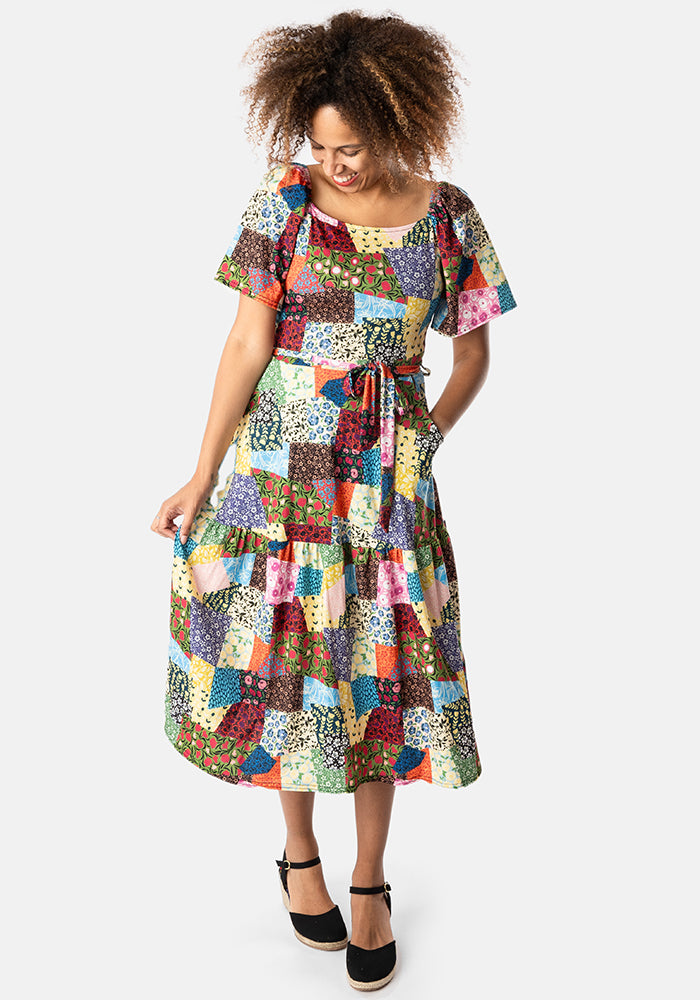 Charlotte Patchwork Print Tiered Hem Midi Dress