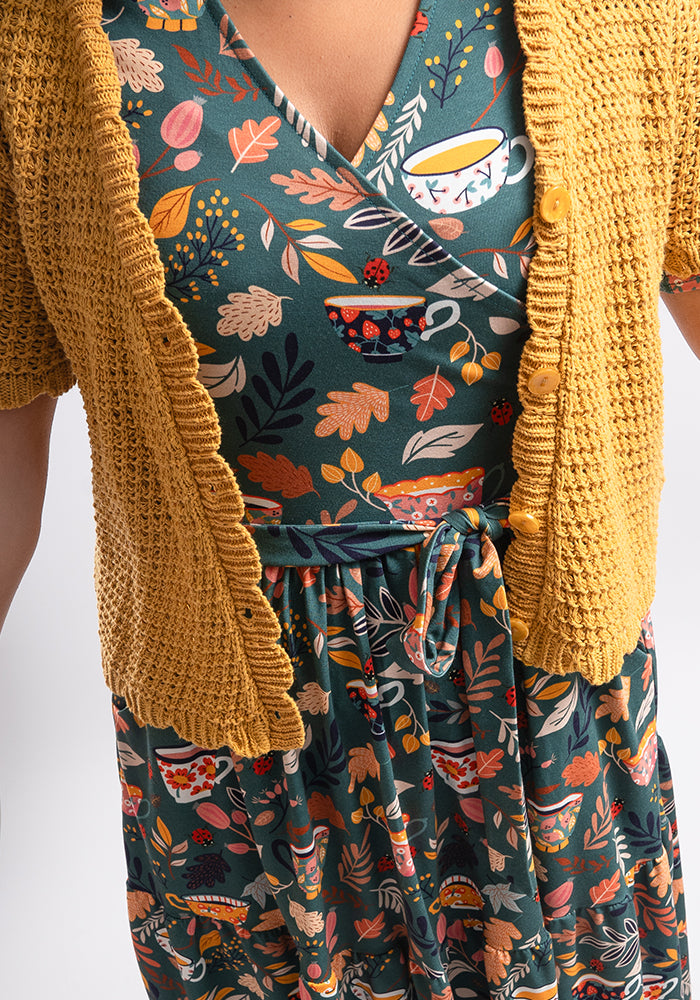 Chaya Tea Cups Print Tiered Hem Cotton Midi Dress