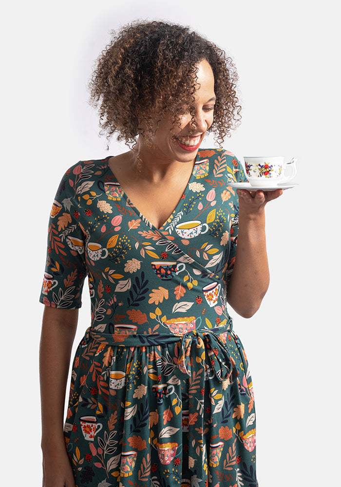 Chaya Tea Cups Print Tiered Hem Cotton Midi Dress