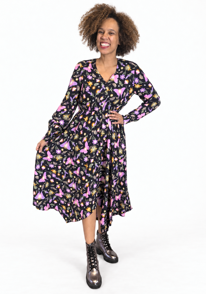 Kezia Illuminated Moth Print Handkerchief Hem Dress