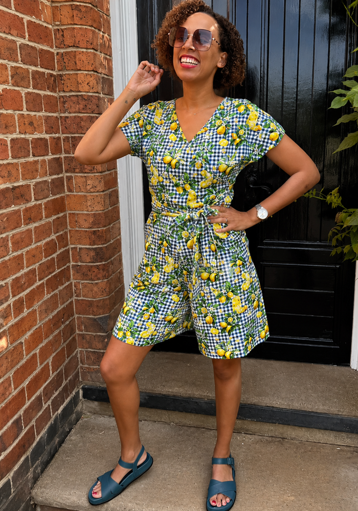 Front view of Caterina Lemonade Print Cotton Playsuit, caterina Lemonade Print Cotton Playsuit Sunshine dressing starts here.