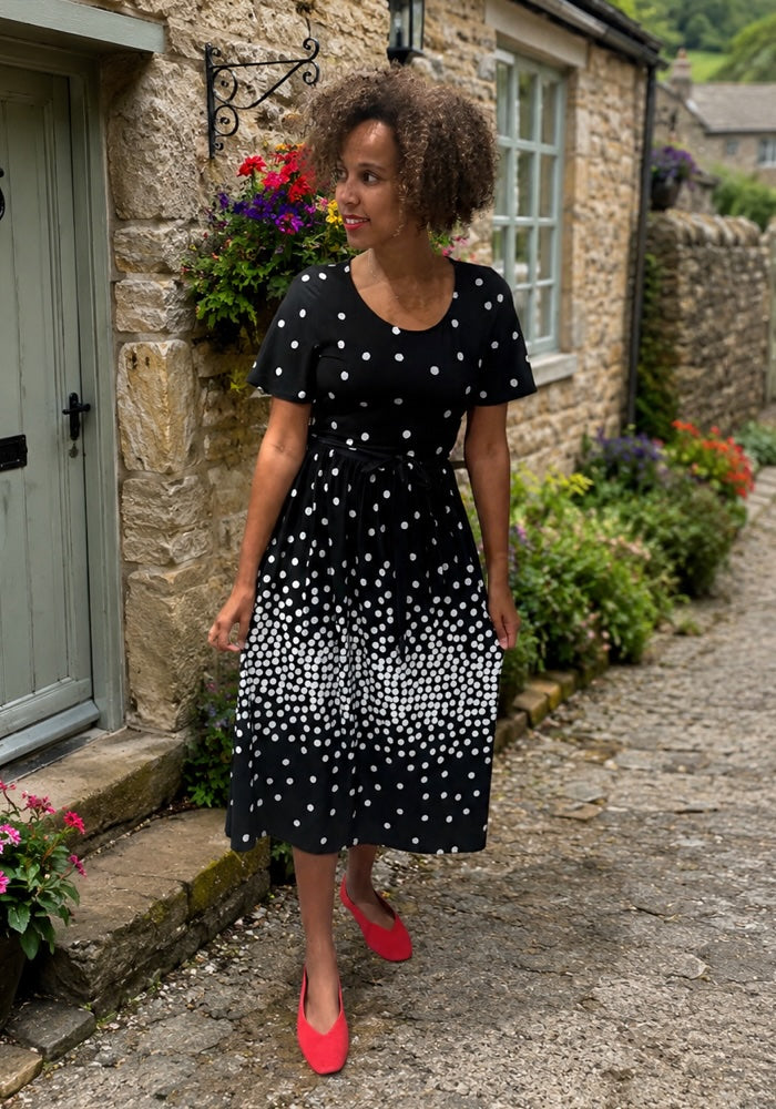 Miradie Border Print Black &amp; Ecru Spot Midi Dress