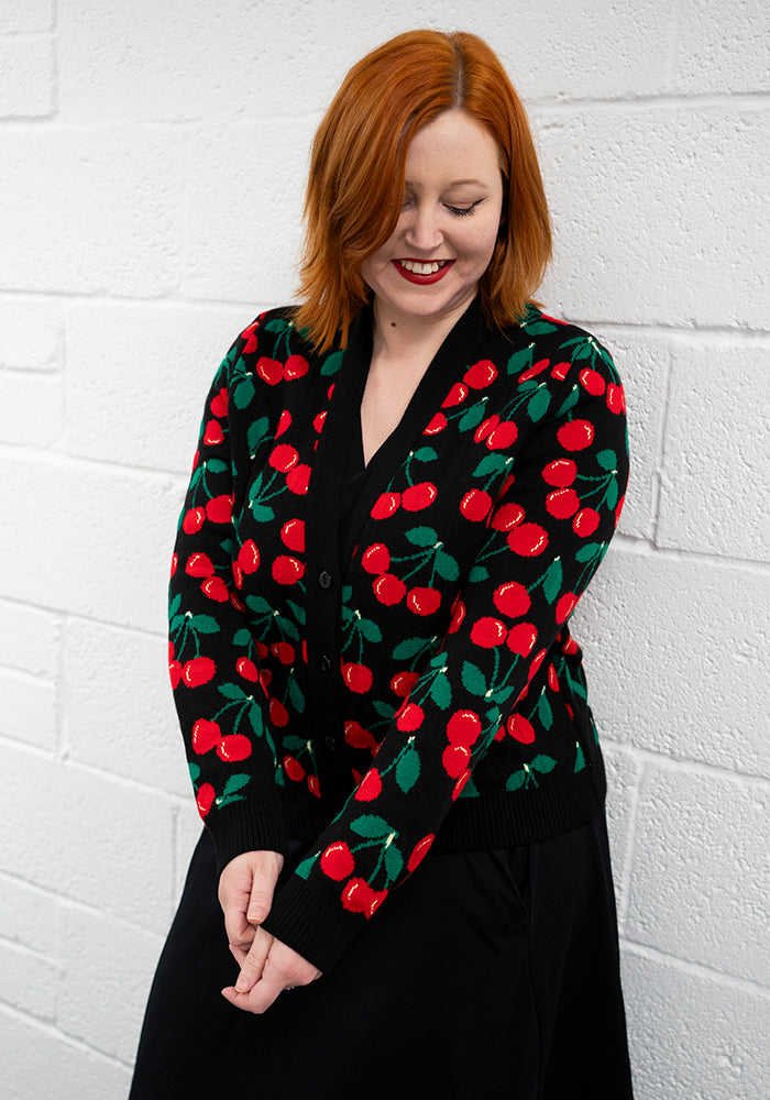 Front view of Cherry Knit Cardigan