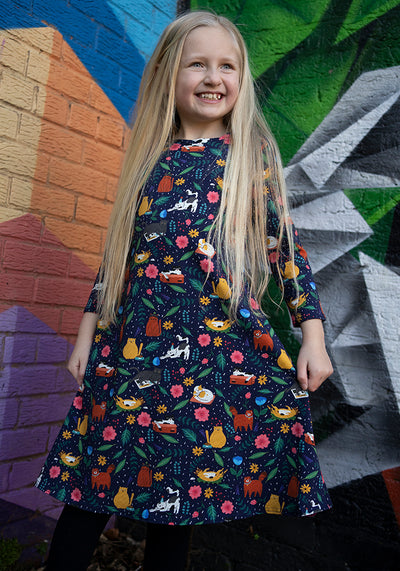 Children's Cat Garden Print Cotton Dress (Marjorie)