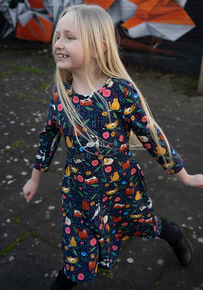 Children's Cat Garden Print Cotton Dress (Marjorie)