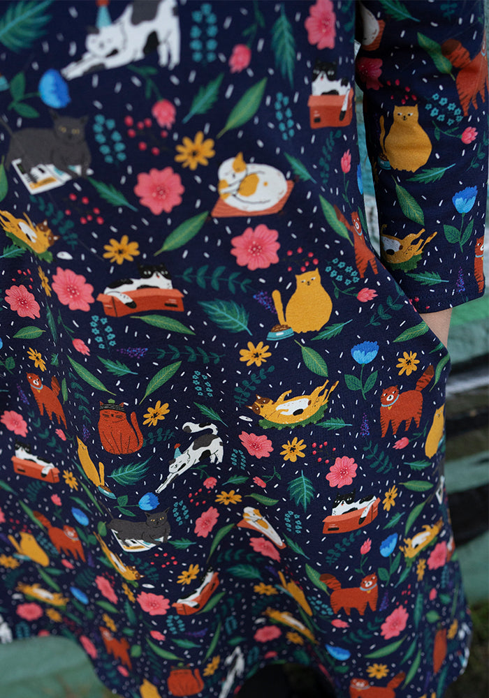 Children's Cat Garden Print Cotton Dress (Marjorie)