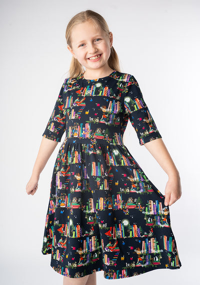 Children's Fairytale Bookshelf Print Cotton Dress (Juliana)
