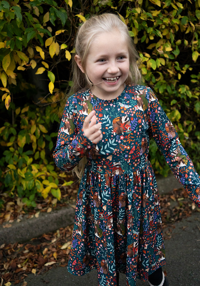 Children's Foraging Racoons Print Dress (Huxley)
