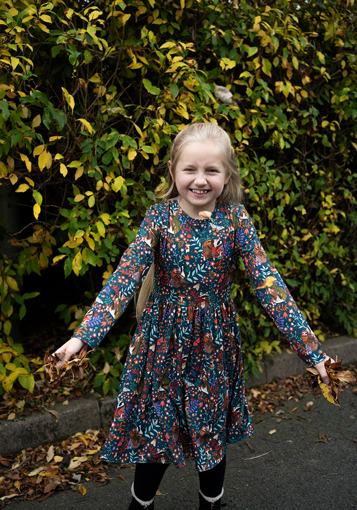 Children's Foraging Racoons Print Dress (Huxley)