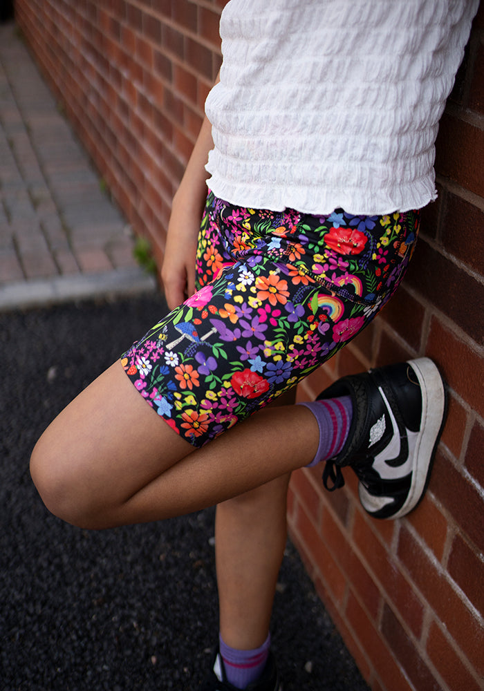Third angle of Children’s Garden Rainbow Print Cycling Shorts