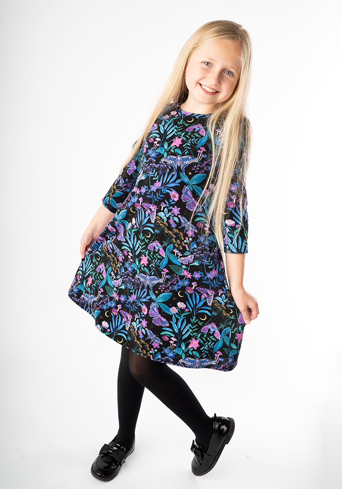 Children's Mystical Moths Print Cotton Dress (Fienna)