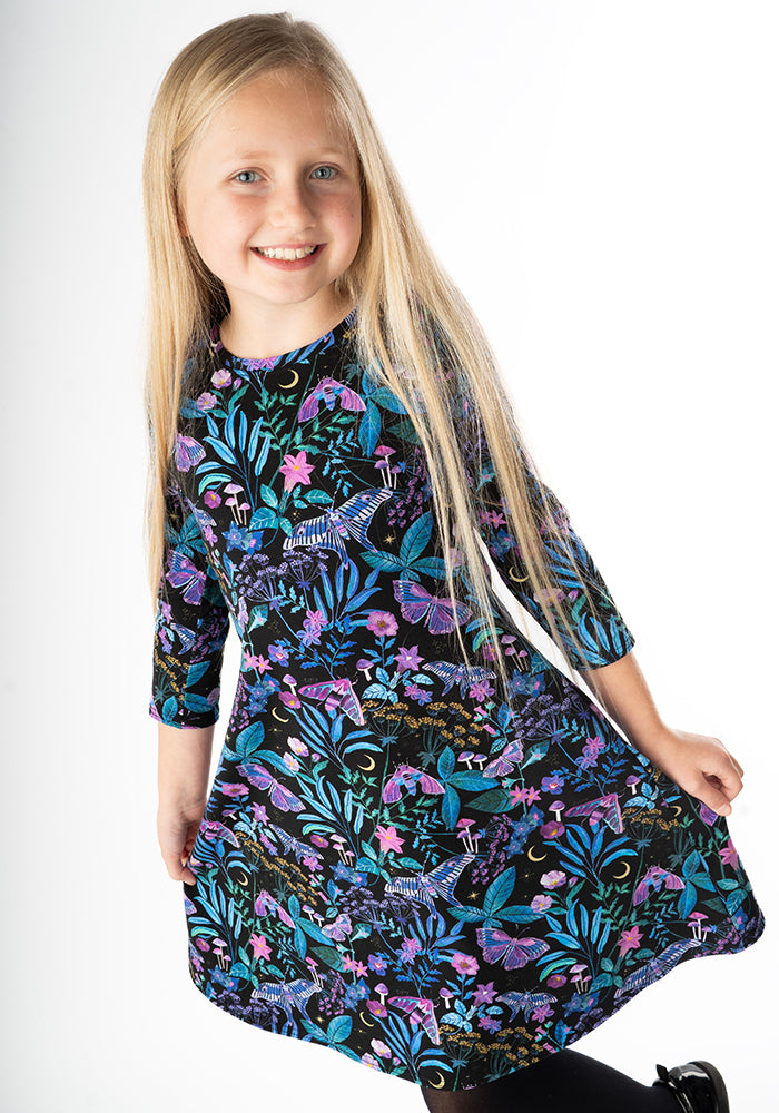 Children's Mystical Moths Print Cotton Dress (Fienna)