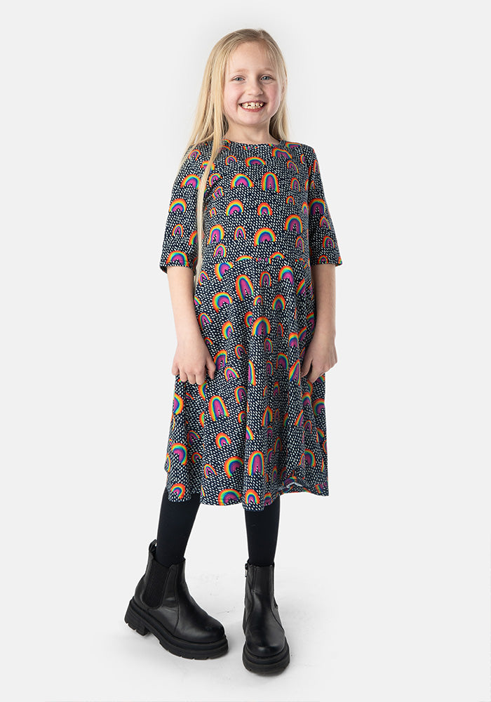 Children's Navy Rainbow Print Cotton Dress (Maeve)