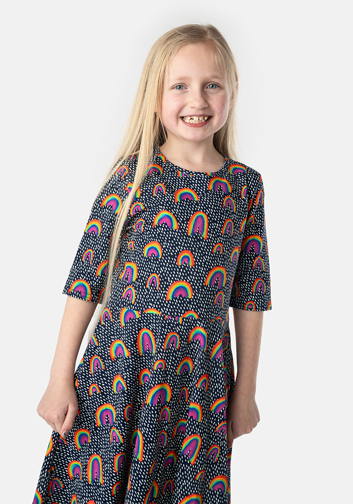 Children's Navy Rainbow Print Cotton Dress (Maeve)