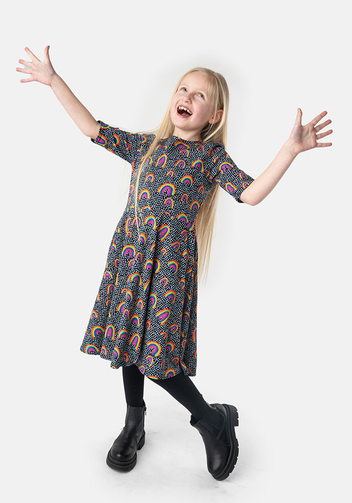 Children's Navy Rainbow Print Cotton Dress (Maeve)