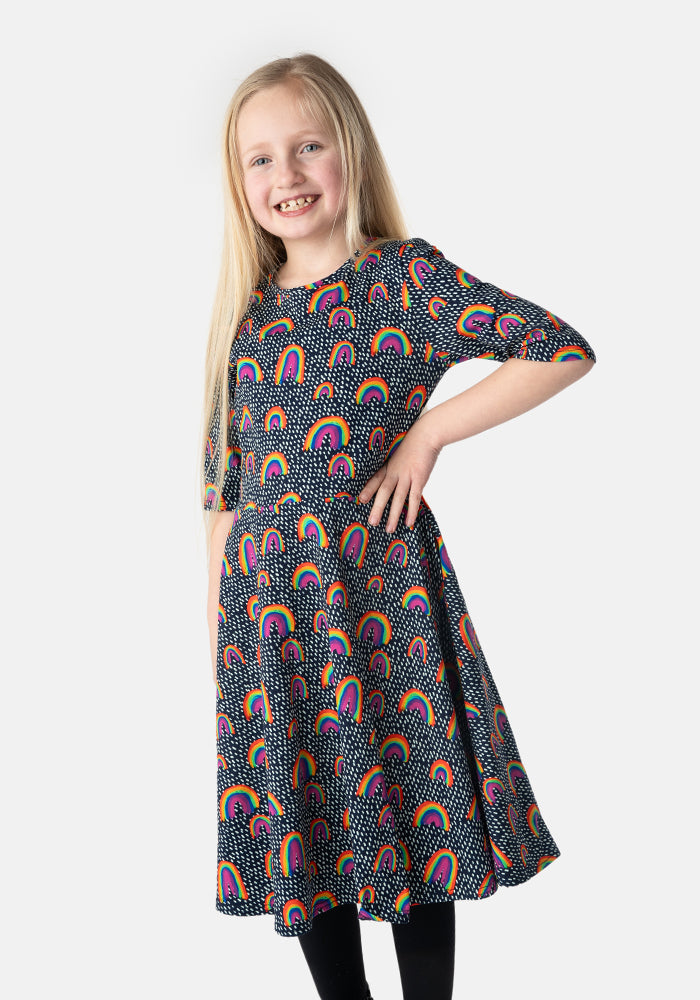 Children's Navy Rainbow Print Cotton Dress (Maeve)