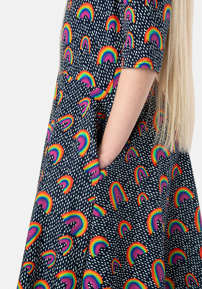 Children's Navy Rainbow Print Cotton Dress (Maeve)