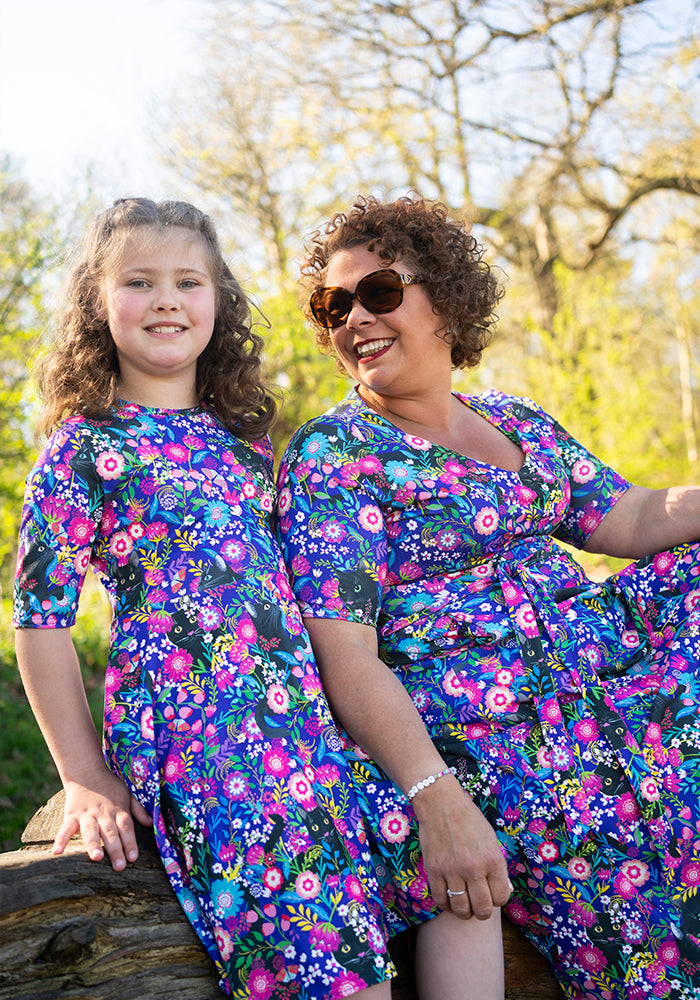 Children's Purple Hidden Cat Print Dress (Morgan)