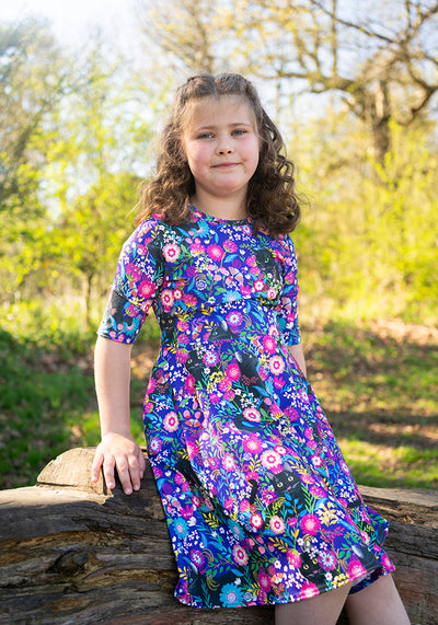 Children's Purple Hidden Cat Print Dress (Morgan)