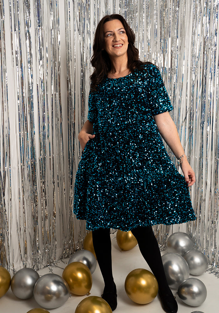 Third angle of Chislaine Teal Sequin Tiered Hem Dress
