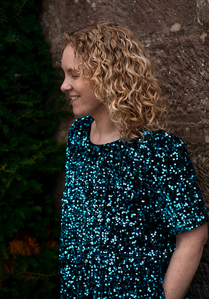 Seventh angle of Chislaine Teal Sequin Tiered Hem Dress