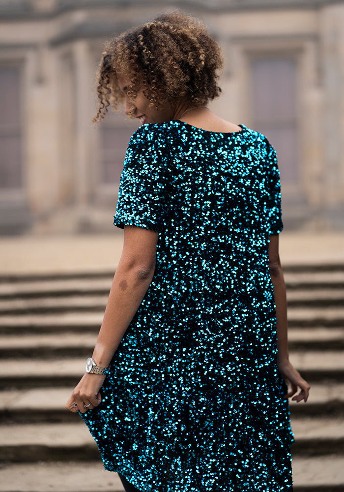 Ninth angle of Chislaine Teal Sequin Tiered Hem Dress