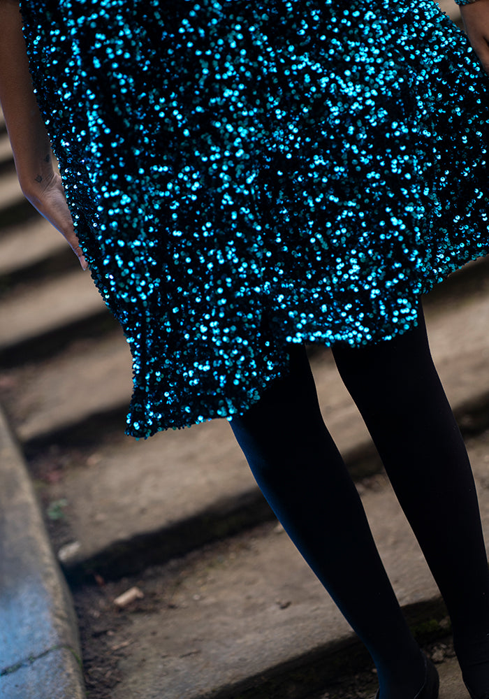 Fourth angle of Chislaine Teal Sequin Tiered Hem Dress